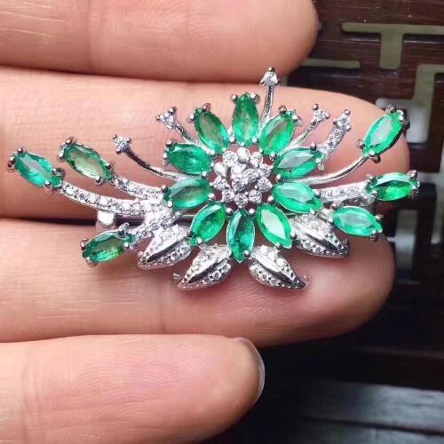 Emerald brooch Free shipping Natural real emerald 925 sterling silver Flower brooch