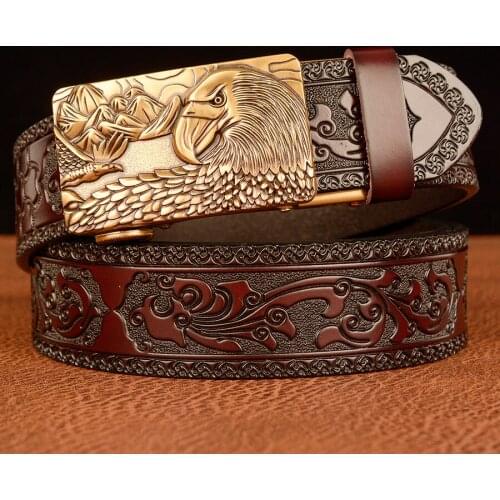 Famous Brand Alloy Eagle Automatic Buckle Mens Belt Genuine Leather Floral Pressed Strap For Men Luxury Cowskin Dress Belts