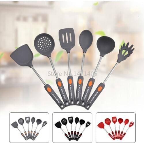 304Stainless Steel Small Pipe Handle 6-piece Household Kitchen Non-stick Cookware Anti-scalding Spatula Silicone Kitchenware Set