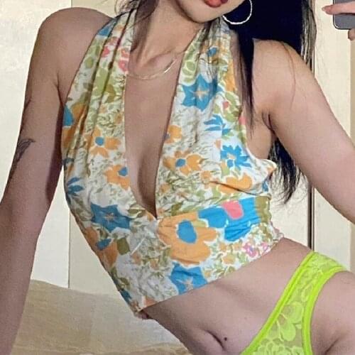 Summer Flowers Printed Tank Tops Wrapped Chest Sexy Deep V Neck Halter Self Tie Backless Ladies Beam Waist Cropped Vest
