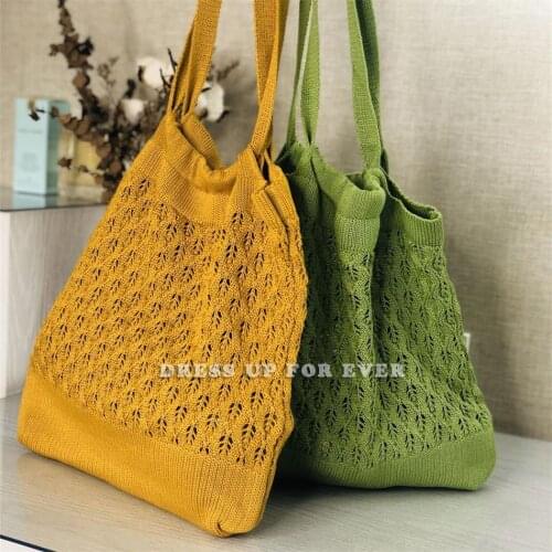 Solid Color Wool Knitted Leaf Shape Hollowed-out Large Capacity Casual Style Shoulder Beach Bags For Women