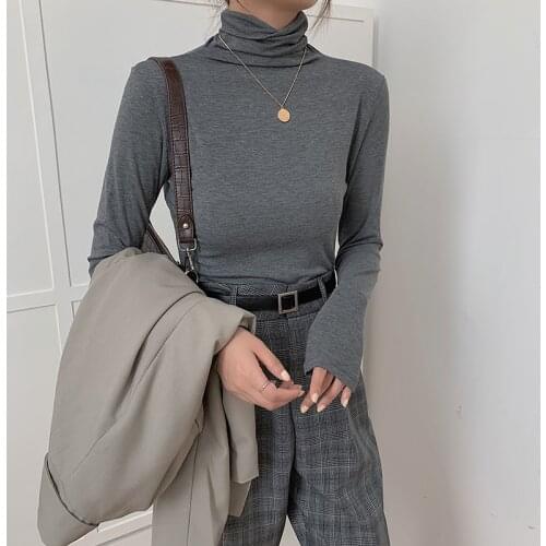 2021 Autumn Modal Stretch T-shirts For Women Long Sleeve Turtleneck Skinny Tops Tees Female Solid TShirt Winter Casual 20040