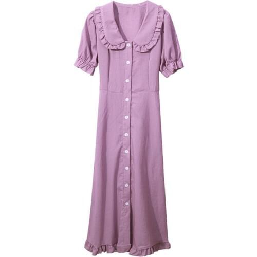 Purple dress female temperament was thin bubble sleeves high waist doll collar single-breasted summer new Vestidos 2020 D292