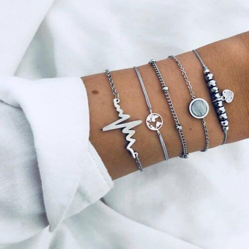 Simple Ocean Map Heart Beads Bracelet Sets For Women Silver Color Metal Chain Bracelets Boho Statement Jewelry Gifts