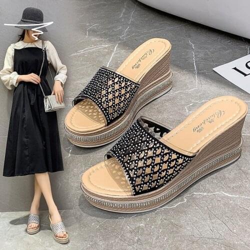 Hollow-out Beach Casual Women Sandals Thick Platform Wedges Outside Summer Ladies Slippers Blingbling Sexy High (5cm-8cm Slides