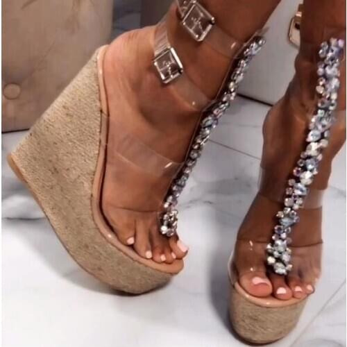 Sexy Open Toe T-strap Woman Sandal Clear PVC Crystal Embellished Platform Wedge Heels Super High Buckle Strap Rhinestone Sandal