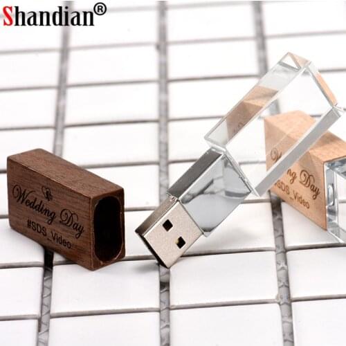 SHANDIAN creative wooden and crystal pendrive 4GB 32GB pen drive 16GB 64GB USB flash drive memory stick LOGO customized gifts