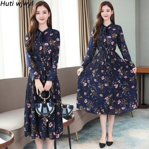2021 Vintage Floral Chiffon Boho Midi Dress Autumn Winter Plus Size Print Long Sleeve Dress Elegant Women Bodycon Party Vestidos