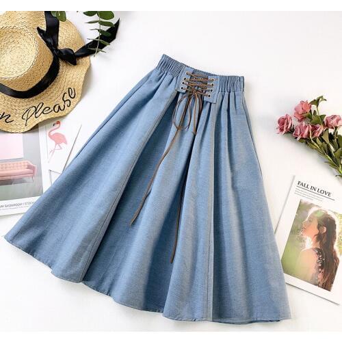 Wasteheart Blue Women Skirts Women High Waist Knee-Length Long Skirts A-line Clothing Plus Size Lace Up Cotton Spring Skirts