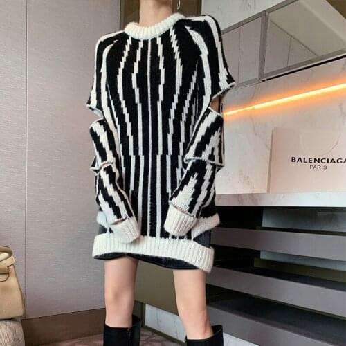 High Street Women Fashion Halloween Sweater Clothes Autumn 2021 New Zebra Pattern Knit Pullover Top Hollow Chic Long Sleeve Coat
