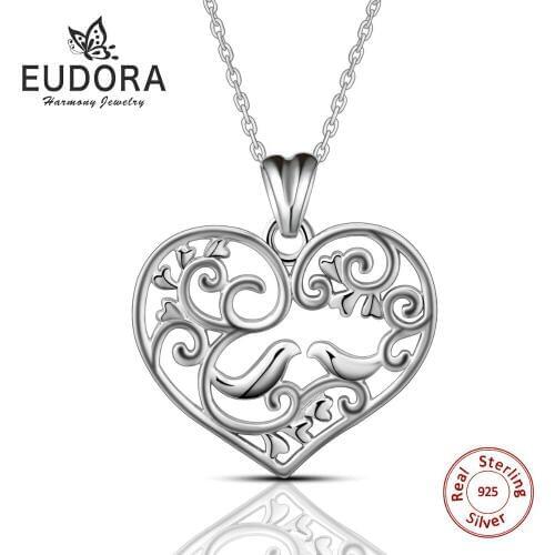 Eudora 100% Real 925 Sterling Silver Lovebirds Heart Pendant Necklace Fashion Jewelry for Women Love Necklaces Accessories D037