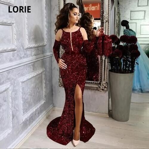 LORIE Burgundy Arabic Sequinned Evening Dresses Halter Mermaid Prom Gown Party Celebrity Dress Detachable Sleeve robe luxe femme