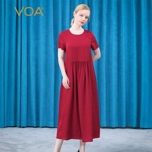 VOA Silk Sunset Red Dark Jacquard Round Neck Short Sleeve Three-dimensional Fold Asymmetric Loose Breathable Dress Female AE825