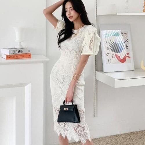 2021 Summer Womens Vintage Lace Dresses Elegant Office OL Fashion O-Neck Puff Sleeve Bodycon Slim Pencil Dress Vestidos