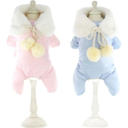 Winter Clothes for Dogs Soft Reversible Warm Neck String Ball Pet Jumpsuit Pink Blue Teddy Costume