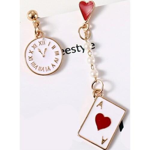Gold Red Peach Alice Dream Clock Dangle Earrings Poker Card Asymmetrical Earring Fashion Jewelry Long Created Pearl Women Trendy