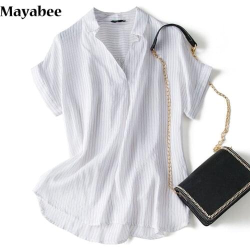 100% Silk Bat Shirt Black And White Striped Short-Sleeved T-Shirt Woman Blouse 2021 Spring and Summer New
