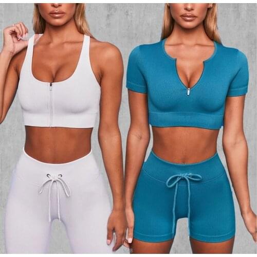 2021 Summer Activewear Women White Black Fitness Sports Gym Workout Yoga Seamless Yoga Zip Up Bra Top Shorts Set