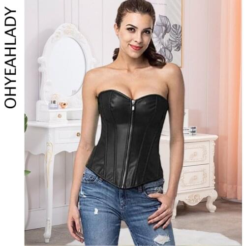 Ohyeahlady Brand Corset Leather High Quality Zipper Shape Body Sexy Leather Corset Overbust Korsett For Women Sexy AJ2803