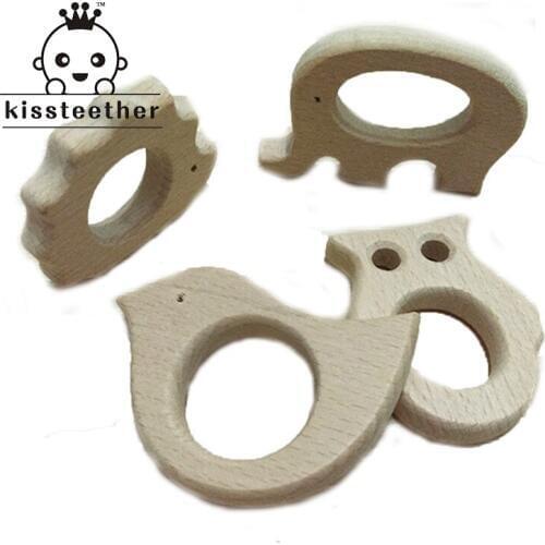 DIY Baby Teether Toys Organic Natural Beech Wooden Elephant-Bird-Owl-Hedgehog Hand Cut Toys Baby Wooden Teether Gift