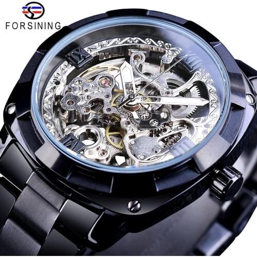 Forsining Men Skeleton Automatic Mechanical Watch Black Transparent Gear Stainless Steel Band Vintage Watches For Man Dress Gift