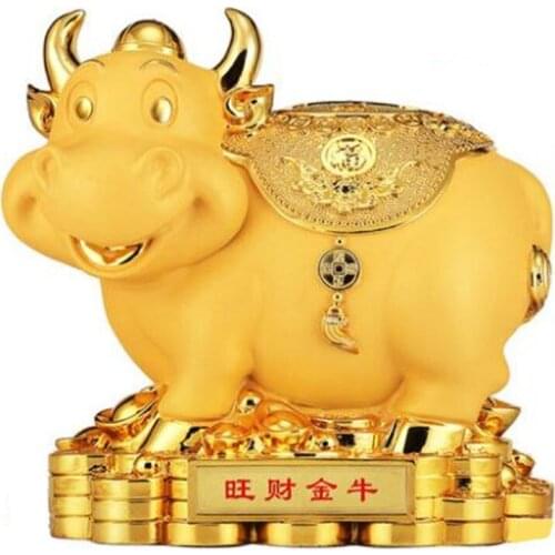 Chinese Fengshui golden Ox statue ox Year creative gift home decoration accessories ox piggy bank resin home decor