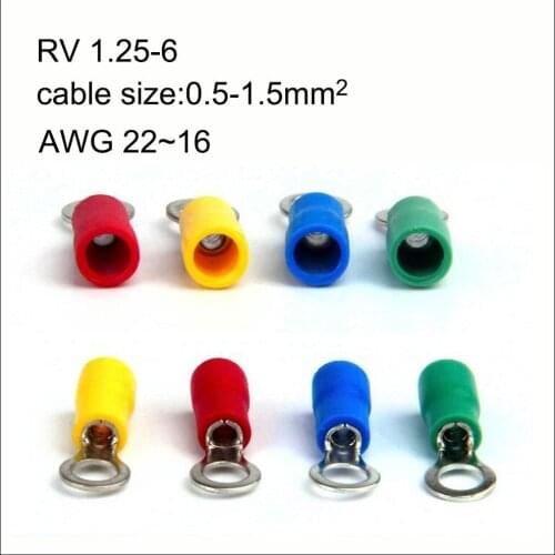 500PCS copper insulated ring terminal RV1.25-6/3/4/5/10 AWG22-16 Imax 19A 0.5-1.5mm2 Cold pressed terminal O type