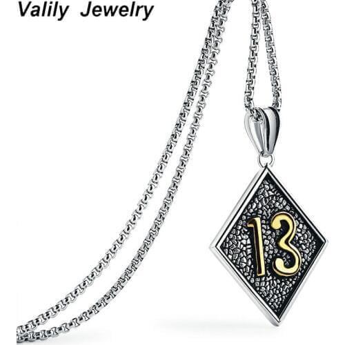 Valily Mens Gold Color Vintage Lucky Number 13 Pendant Necklace Stainless Steel Punk 13 Tag Chain Necklaces Jewelry