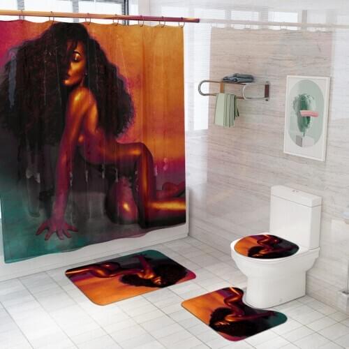 3D African Women Shower Curtain Set Afro Africa Girl Bathroom Decor with Non-slip Rug Toilet Lid Cover Bath Mat Toliet Partition