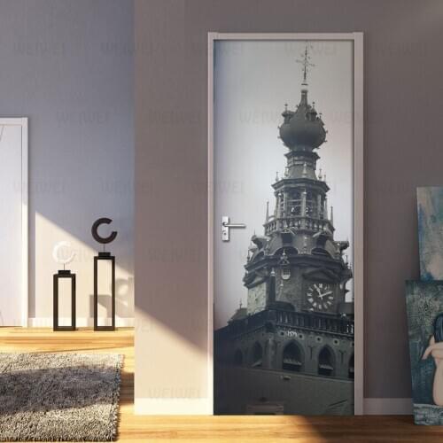 European Retro Iron Tower Door Stickers Mural PVC Self-adhesive Waterproof Wallpaper Living Room Bedroom Door Decor Decal Poster