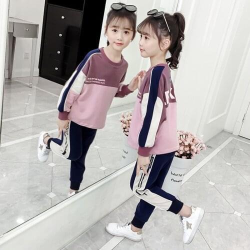 Autumn Childrens Clothing Long Sleeve Letters Sweatshirt Top+Casual Trouser 2PCS Sport Wear Tracksuit for Girl 10 to 12 Years
