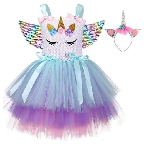New Unicorn Tutu Dress Wing And Headwear Baby Kids Girls Flowers Birthday Gifts Masquerade Party Dresses Halloween Christmas