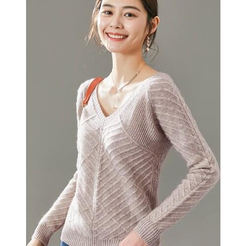 Autumn and Winter New Pure Cashmere Sweater Woman V-neck Hollow Decoration Pullover Fashion Color Block Sweater Free Shipping