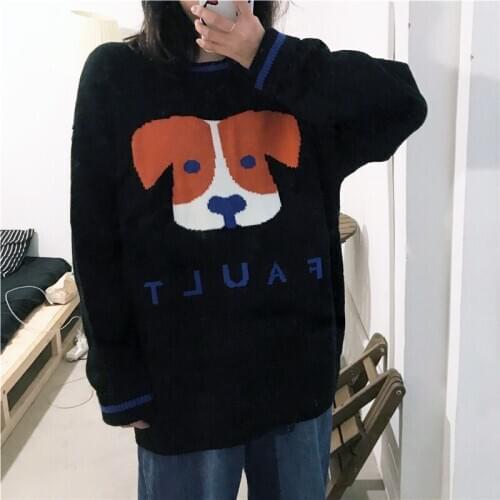 Autumn Sweater Women College Style Sweater Cute Dog Pattern Sweater Harajuku Cartoon Animal Sweater Vintage Loose Man Sweater