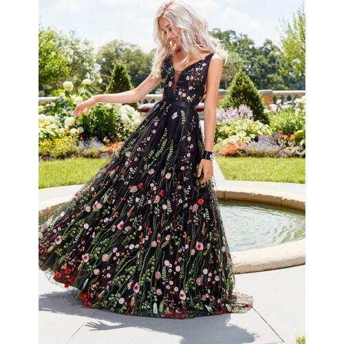 A-Line Long Gowns Women Maxi Party Dresses female vestidos Elegant Romantic Flower Dress Floor Length Evening Club Dress Ladies