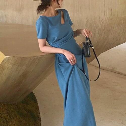 Elegant Blue Dress Women French Retro Designer Korean Slim Chic One-piece Dress Female Casual Party Maxi Dresses for Summer 2021