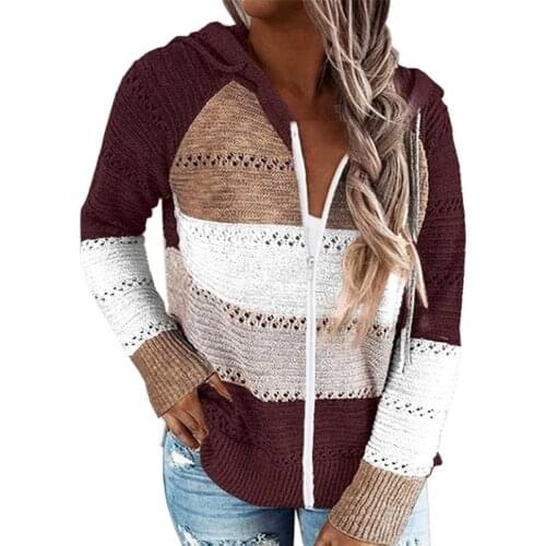 Plus Size S-5xl Knitted Cardigan 2020 New Hooded Sweater Zipper Cardigan Long Sleeve T-Shirt Multi Color Splicing Womens Wear