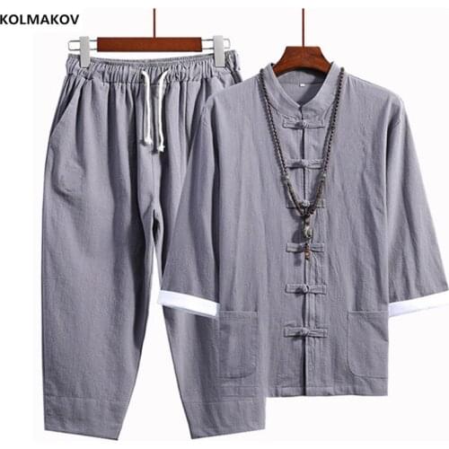 Shirt + trousers)2021 autumn fashion three quarter men shirt Cotton and linen shirts mens casual shirts men full size M-5XL