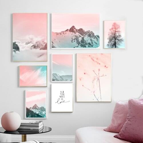 Nordic poster pink sky fog snow mountain tree wall art oil painting and printing landscape wall picture for living room home dec