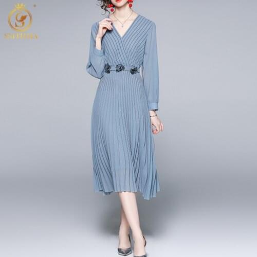 SMTHMA 2021 New Arrival Fashion Stripes Sping Dress Women Chiffon Long Sleeve Vintage Slim Pleated Dresses Vestidos With Belt