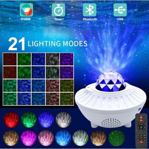 LED Star Night Light Music Starry Water Wave Projector 21 Lighting Galaxy Projector USB Sound-Activated Bluetooth Bedroom Decor