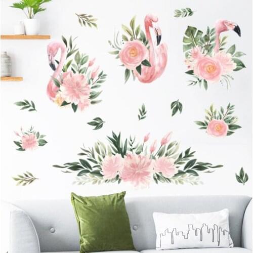 Fresh Green Leaves Pink Flamingo Wall Stickers DIY Nordic Plants Wallpaper for Bedroom Living Room Background Decor Decals
