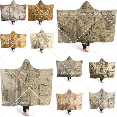Warm Hooded Blanket Middle Earth Map Ultra Soft Sofa Chair Car Wrap Wearable Throw Blanket for Adult Children Fits All Season