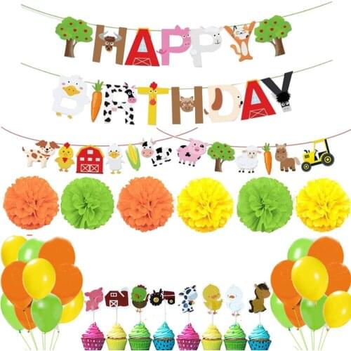 Farm Animal Themed Party Decorations Banner Cake Toppers Balloons and Paper Flowers Set for Baby Shower Family Reunion Theme Par