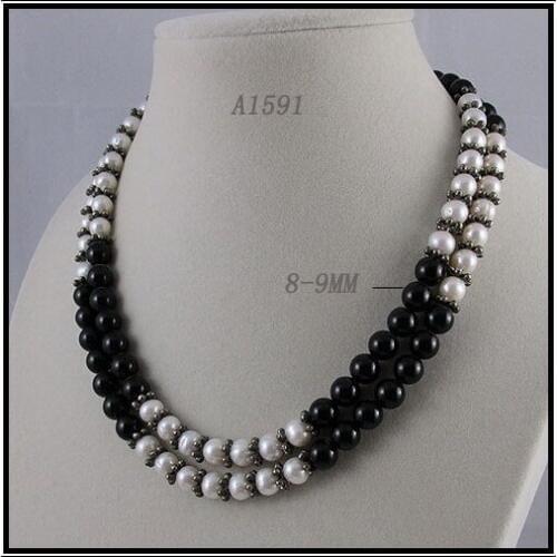 Unique Pearls jewellery Store,Charming 2rows Tible Silver Flower Beads Black Agates White Color Freshwater Pearl Necklace