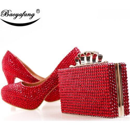 BaoYaFang New Red crystal Womens wedding shoes with matching bags Luxury High platform shoes woman party dress shoe and purse