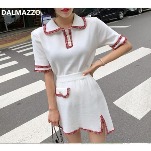 Fashion Casual Womans Runway Turn down Collar Knit Tops + Mini Skirt 2 Pieces Sets 2020 Newest Autumn Womens Knitted Skirt Suit