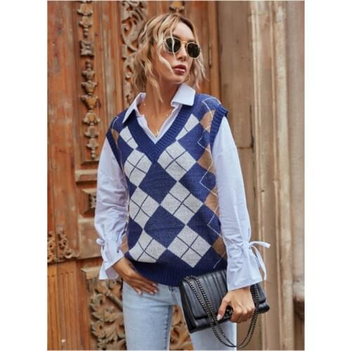 Women Argyle Vest Color Blocking Autumn Winter Sleeveless Knitwear V-neck Color Block Tank Top Royal Blue Office Lady Apparel