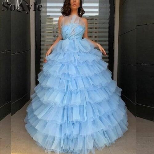 SoAyle Ball Gown Floor Length Strapless Tired Blue Cake Dresses Prom Dresses Tulle Beaded Vestidos Plus size Pretty Dress