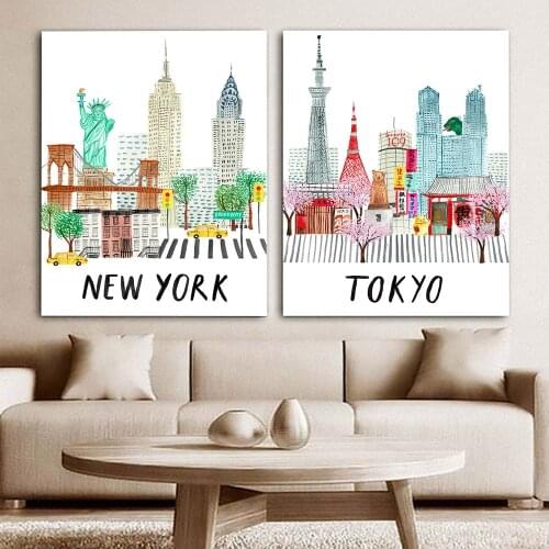 Travel City Anime Poster New York Paris Tokyo Landscape Canvas Print Wall Art Pictures for Home Decoration Interior Paintings